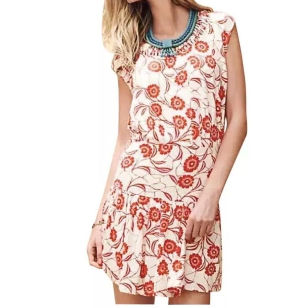Anthropologie LEIFNOTES Dress “Scattered Stella” Orange Ivory Poppy Floral Sz S